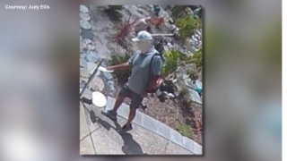 Man caught on surveillance camera putting a flyer over a "no soliciting" sign that informs door-to-door salespeople not to leave handbills on the property