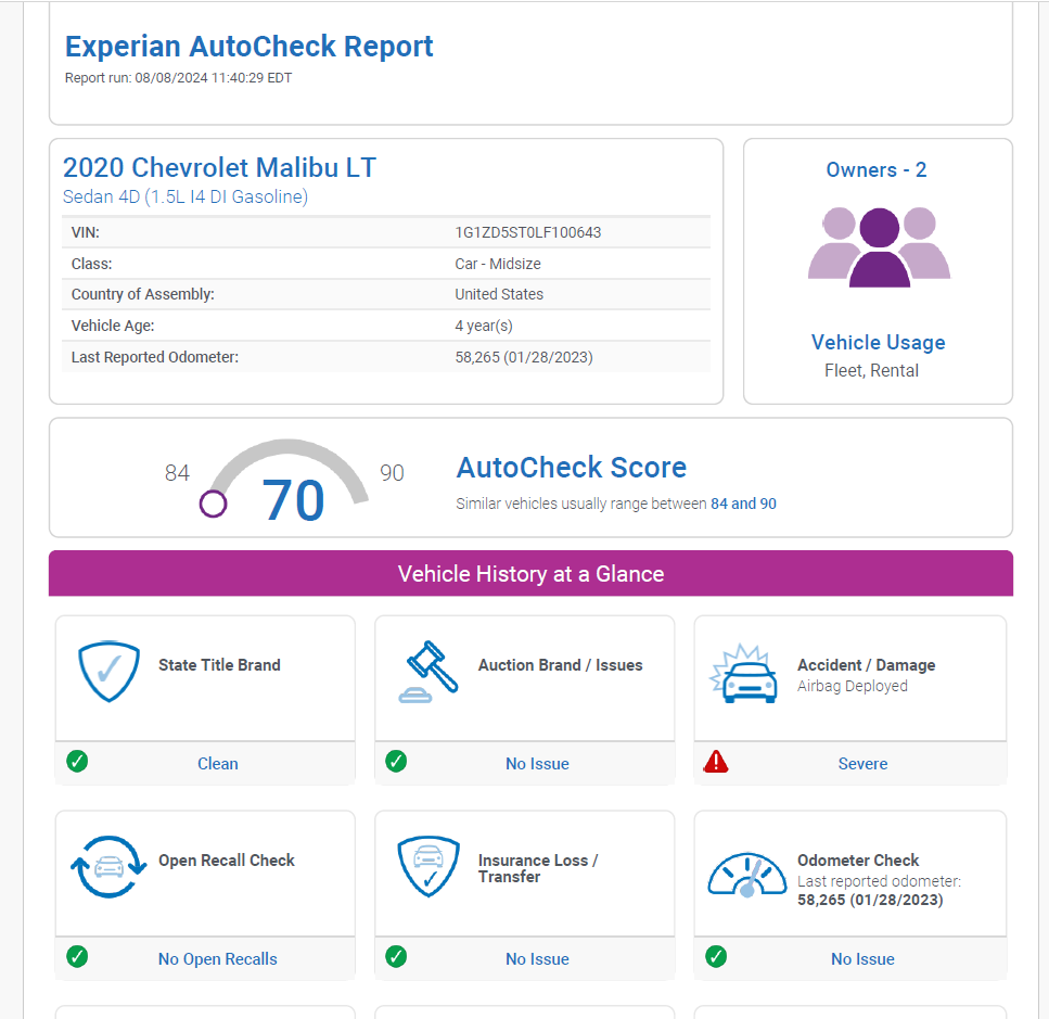 AutoCheck report for Destiny's car